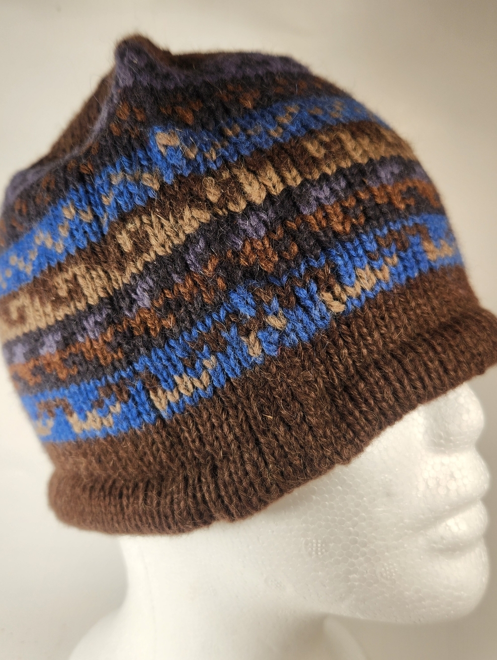 Handcrafted Beanie Hat Cap 100% Alpaca Brown Blue Outdoors Bolivia